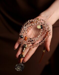 Tibetan Sacred White Crystal Mala (108 Beads) with Nine-Palace Shield and Amber-Style Accents, a Longevity Amulet.