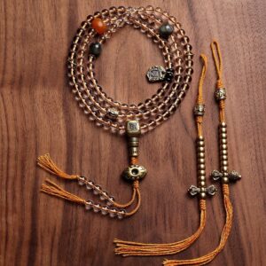Tibetan Sacred White Crystal Mala (108 Beads) with Nine-Palace Shield and Amber-Style Accents, a Longevity Amulet.