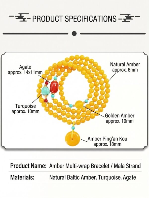 Himalayan-Inspired Natural Baltic Amber & Turquoise 108 Bead Mala Wrap Bracelet | Ping'an Kou of Tranquility