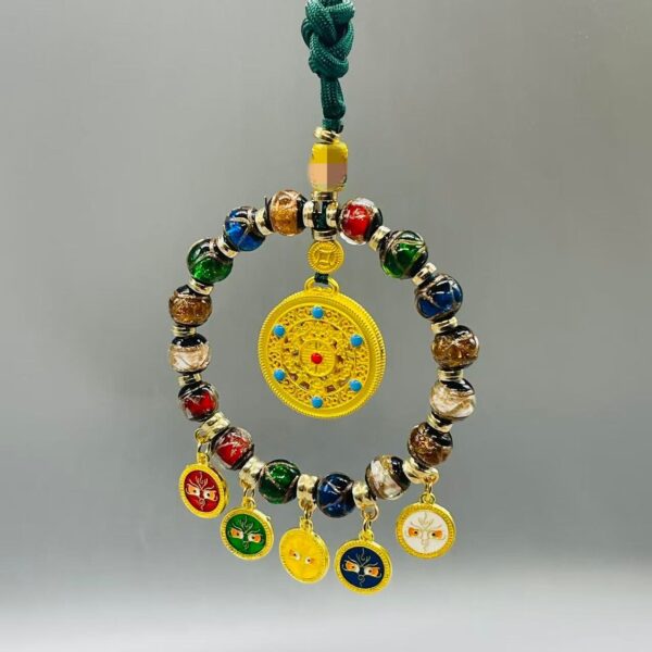 Zaki Lhamo & Five Wealth Buddhas Car Charm | Himalayan Incense Ash Glazed Multi-Treasure Amulet for Prosperity & Protection
