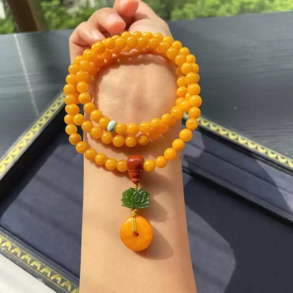 Himalayan-Inspired Natural Baltic Amber & Turquoise 108 Bead Mala Wrap Bracelet | Ping'an Kou of Tranquility