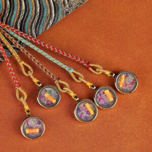 Himalayan Guardian: Hand-Painted Miniature Thangka of Five Wealth Deities Car Charm