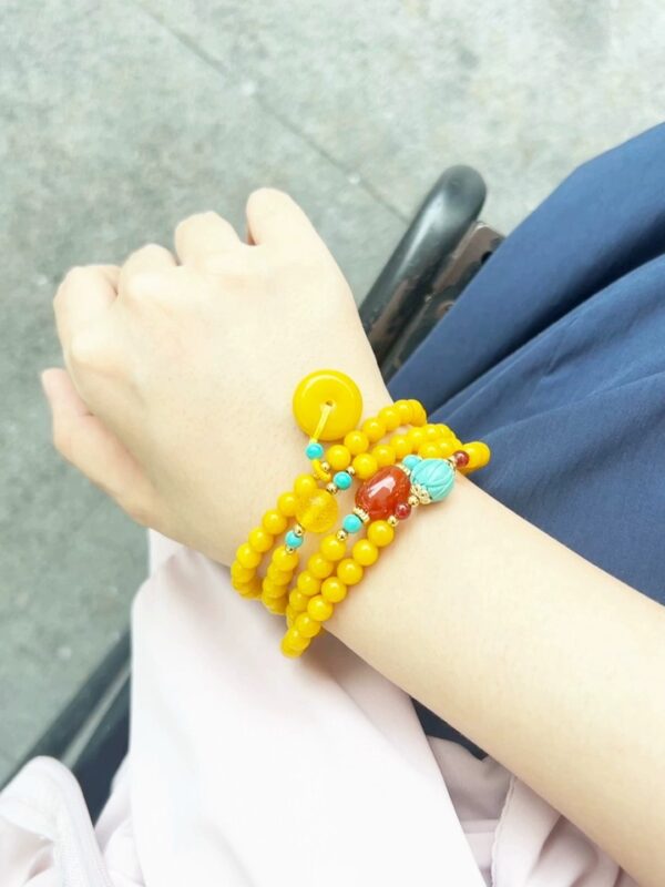 Himalayan-Inspired Natural Baltic Amber & Turquoise 108 Bead Mala Wrap Bracelet | Ping'an Kou of Tranquility
