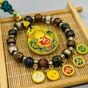 Zaki Lhamo & Five Wealth Buddhas Car Charm | Himalayan Incense Ash Glazed Multi-Treasure Amulet for Prosperity & Protection