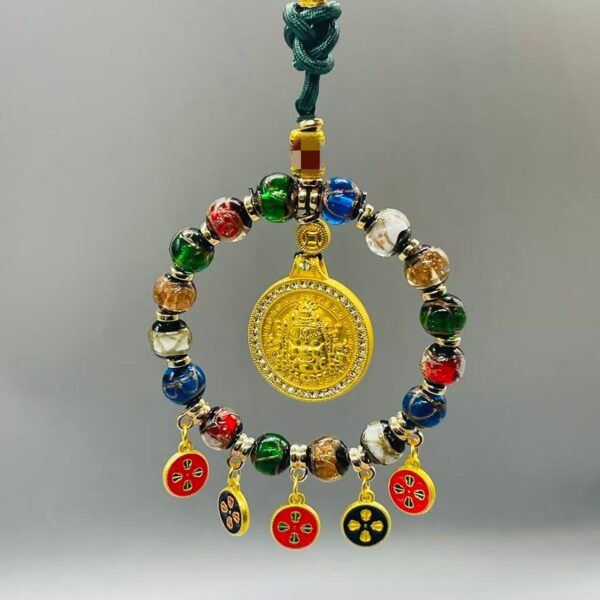 Zaki Lhamo & Five Wealth Buddhas Car Charm | Himalayan Incense Ash Glazed Multi-Treasure Amulet for Prosperity & Protection