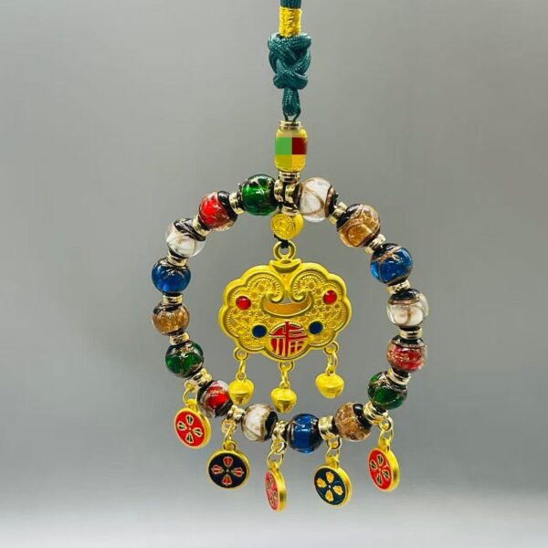 Zaki Lhamo & Five Wealth Buddhas Car Charm | Himalayan Incense Ash Glazed Multi-Treasure Amulet for Prosperity & Protection