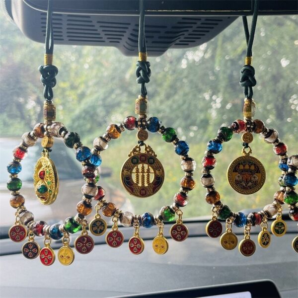 Zaki Lhamo & Five Wealth Buddhas Car Charm | Himalayan Incense Ash Glazed Multi-Treasure Amulet for Prosperity & Protection