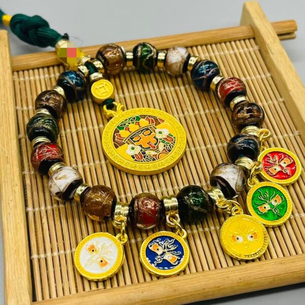 Zaki Lhamo & Five Wealth Buddhas Car Charm | Himalayan Incense Ash Glazed Multi-Treasure Amulet for Prosperity & Protection