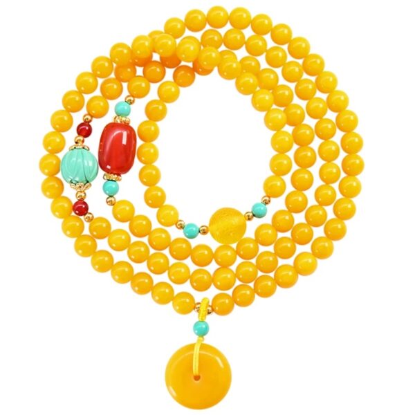 Himalayan-Inspired Natural Baltic Amber & Turquoise 108 Bead Mala Wrap Bracelet | Ping'an Kou of Tranquility