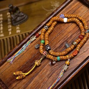Tibetan 108 Star and Moon Bodhi Seed Mala Beads Necklace with Authentic Three-Line dZi Stone and Aged Agate